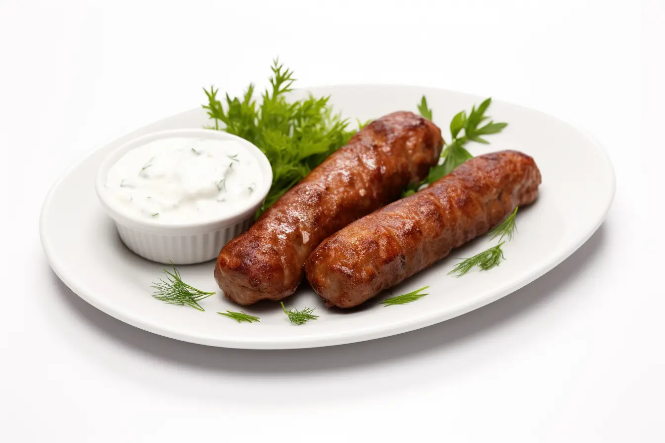 Cevapcici in der Heißluftfritteuse zubereitet: Knusprige Cevapcici mit Tsatziki auf einem weissen Teller