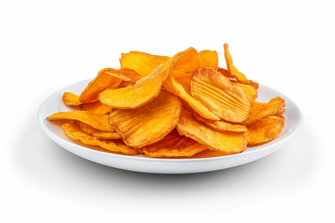 Chips in der Heißluftfritteuse zubereitet: Kartoffelchips aus dem Airfryer auf einem weissen Teller