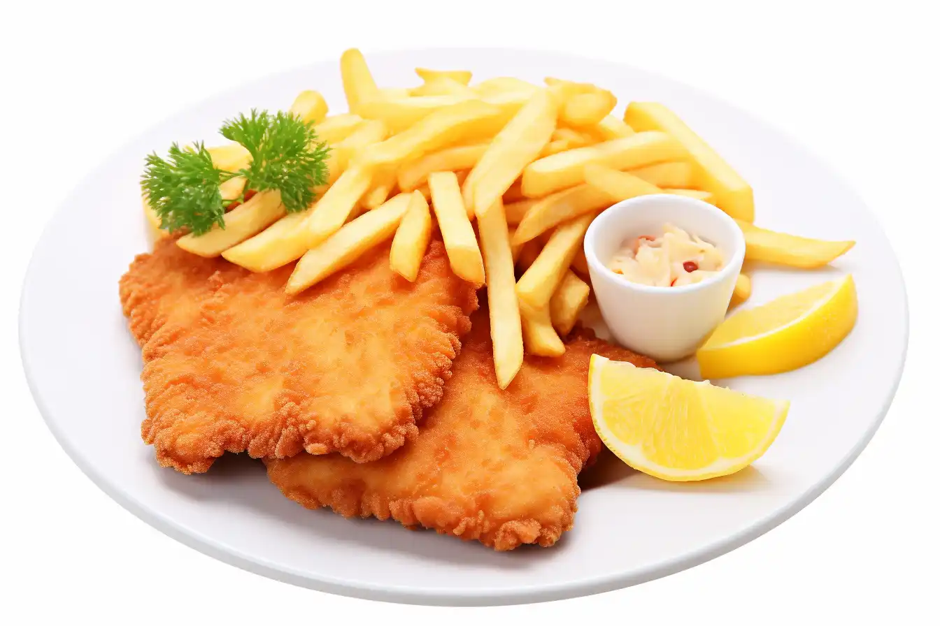 Schnitzel in der Heißluftfritteuse zubereitet: Paniertes Schnitzel auf einem weissen Teller mit Zitrone und Pommes angerichtet