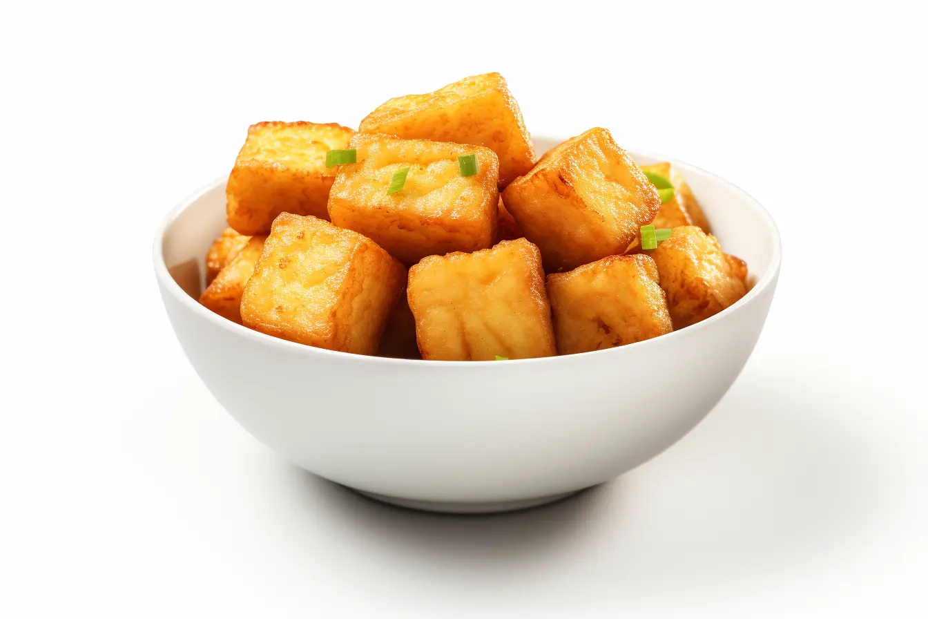 Tofu in der Heißluftfritteuse zubereitet: Knuspriger Tofu aus dem Airfryer in einer weissen bowl