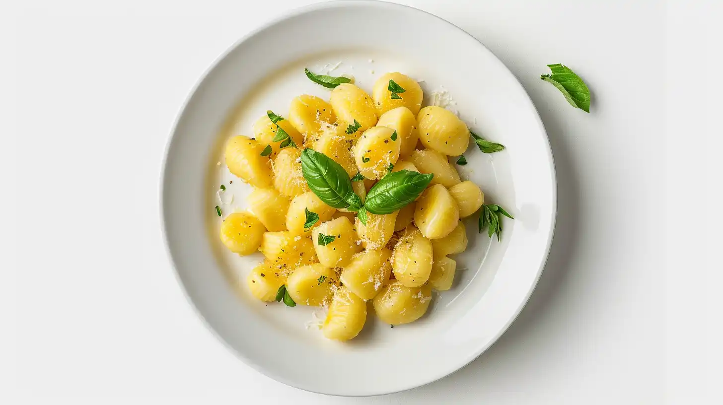 Gnocci aus Heißluftfritteuse mit Parmesan auf weissem Teller angerichtet