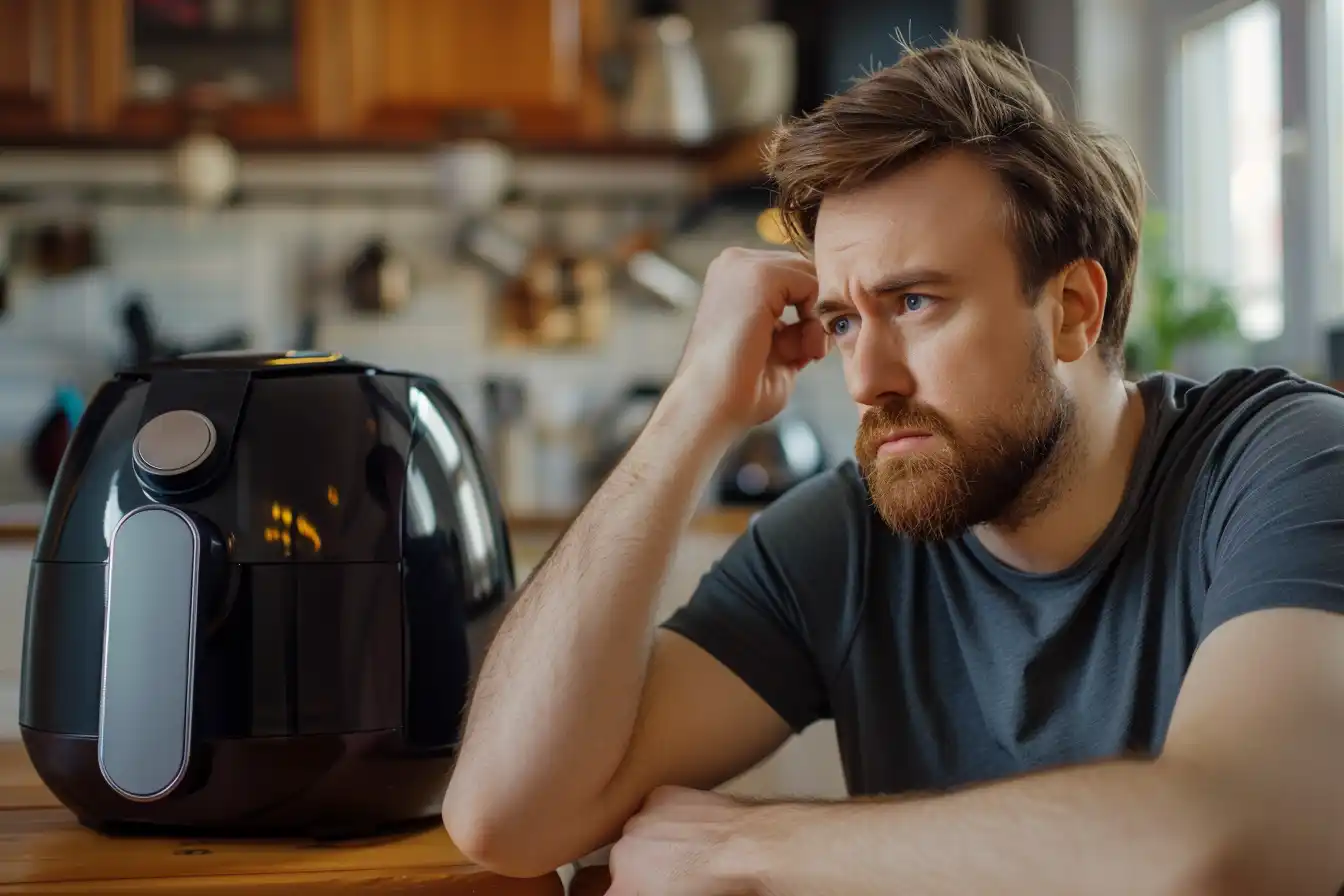 Mann denkt nach über die Nachteile einer Heißluftfritteuse