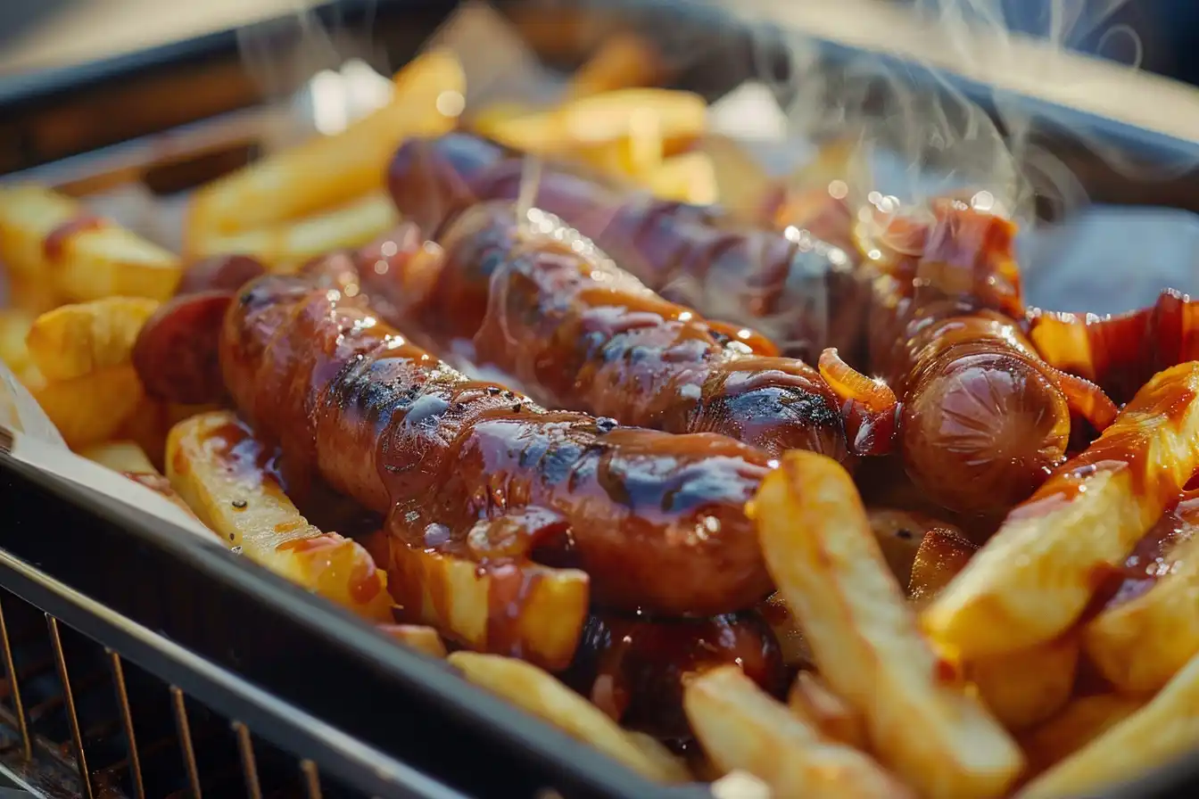 Currywurst mit Pommes in Heißluftfritteuse zubereitet